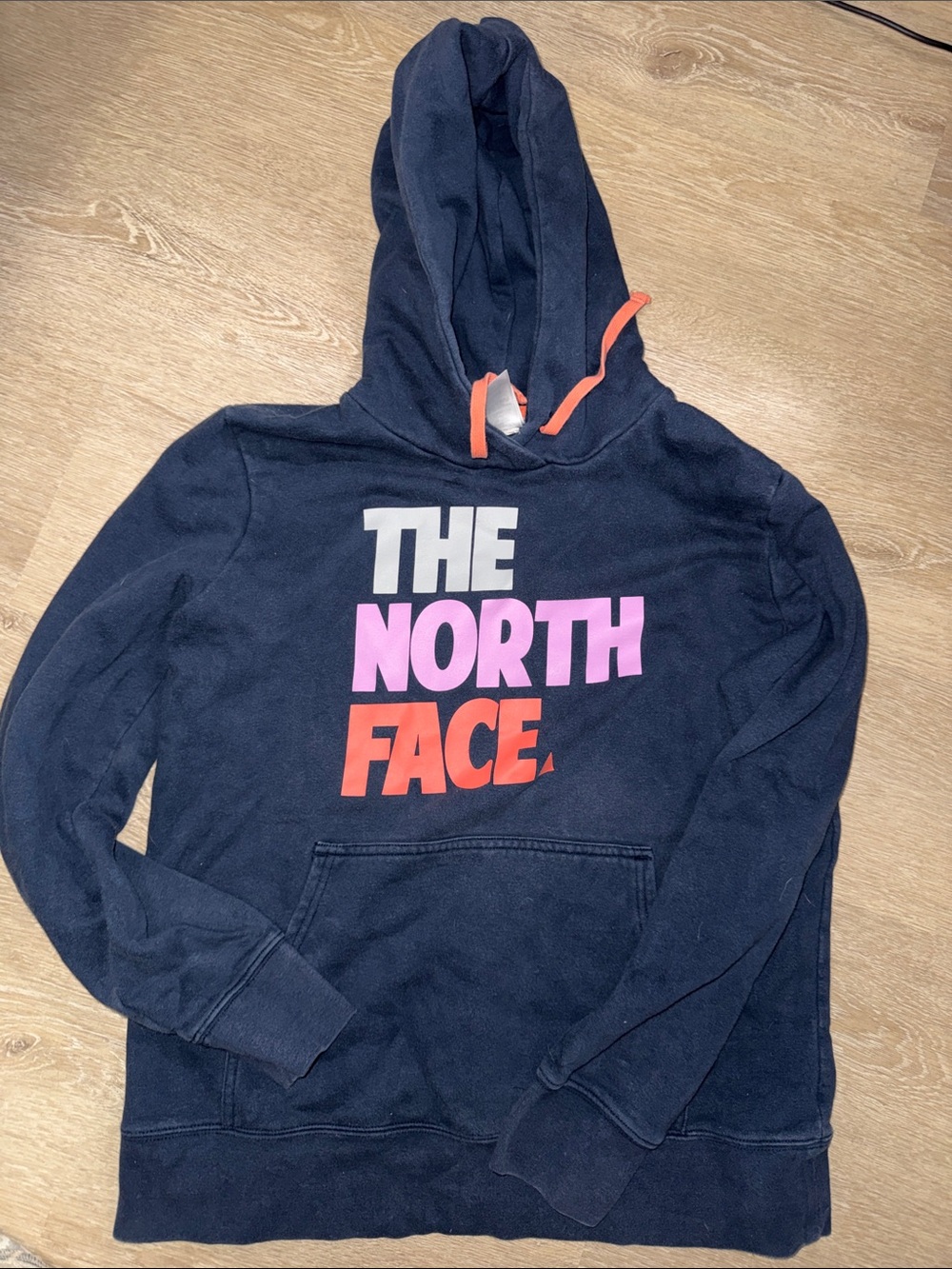 The North Face Navy Hoodie with Pink & Orange Logo